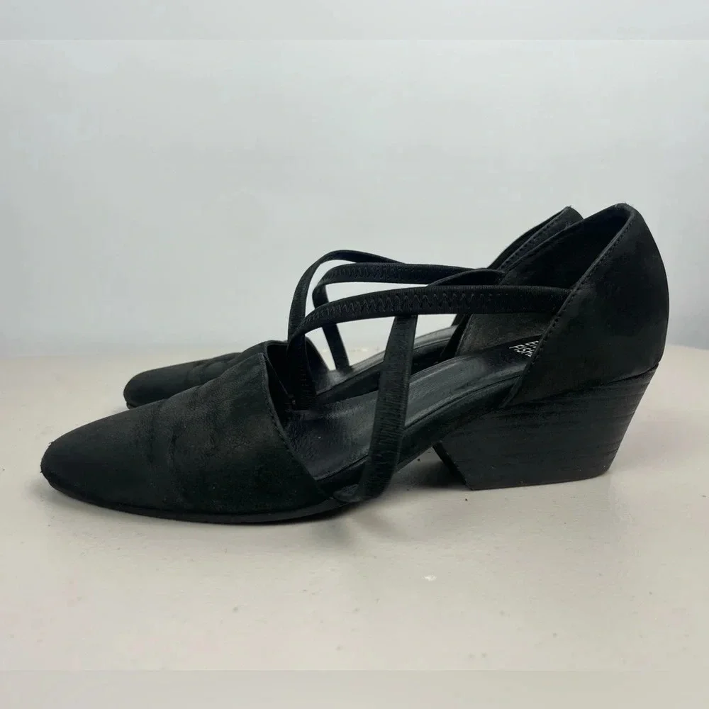 Eileen Fisher Black Poet Crisscross Strap Pointed Toe‎ Stacked Heel